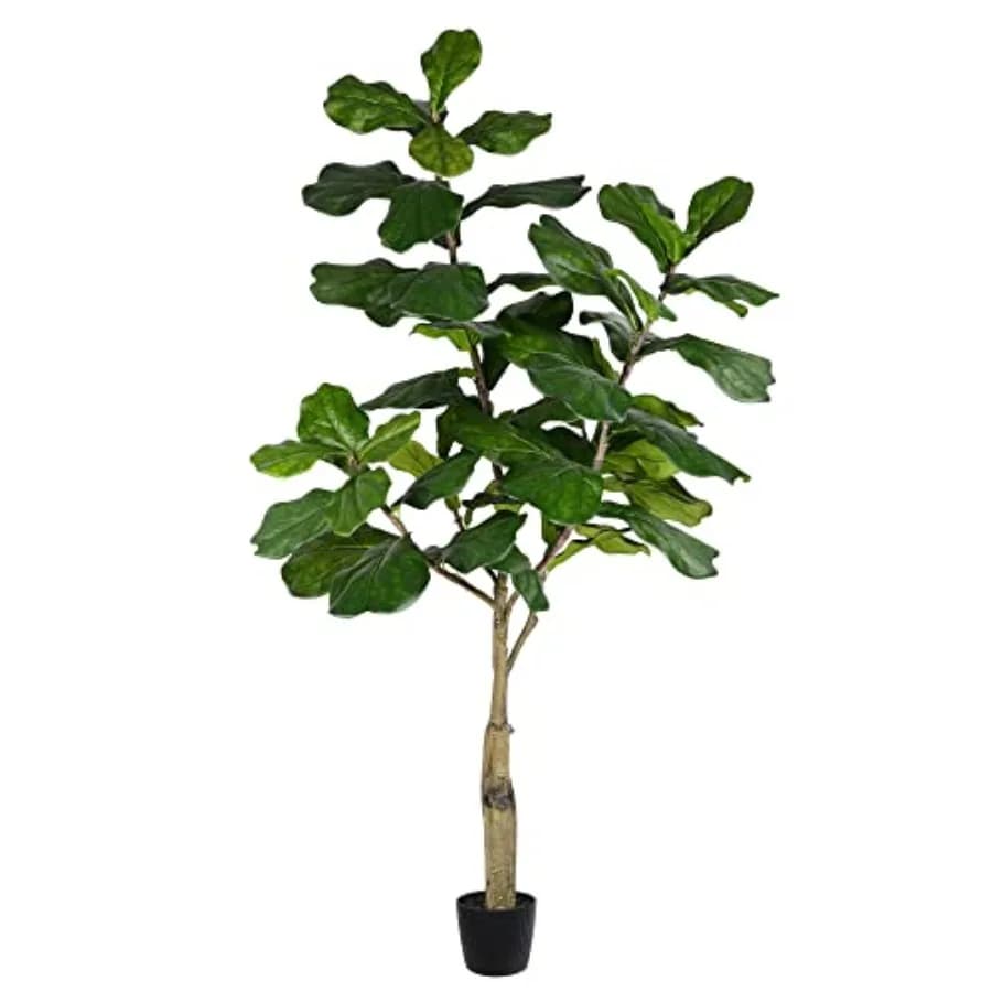 6Feet Artificial Potted Fiddle Tree for Home Office Decor - Green Silk Faux Indoor Plant with 65 Large Leaves - Tall Single Ste