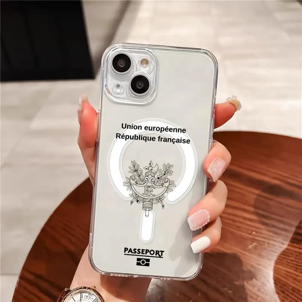 Custodia per telefono F-French Passport per iPhone 17 16 15 14 13 12 Pro Max Plus, magnetica trasparente sottile con ricarica wireless