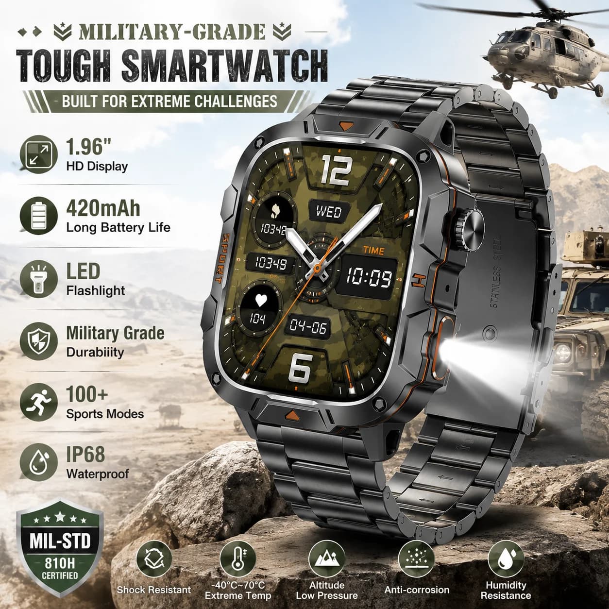 LIGE Militray 1.96" HD Screen Smart Watch Men LED Flashlight 420mAh Battery Men Watches Outdoor Sport Health Monitor Smartwatch