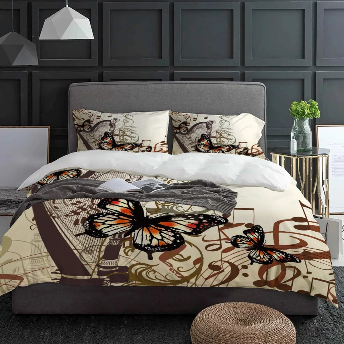 Set biancheria da letto vintage con note musicali Farfalla 3 pezzi Copripiumino Federa Copripiumino per bambini per adulti Set letto matrimoniale Tessili per la casa