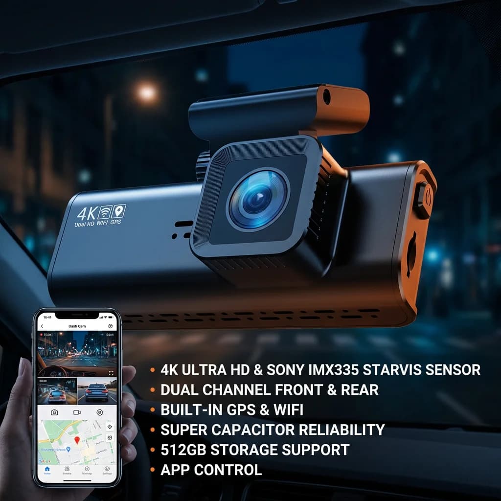 Dash Cam Dual 4K con GPS Integrato e WiFi, DVR Auto Anteriore e Posteriore 2160P, Sensore IMX335, Visione Notturna, Schermo IPS da 3.2", Super Condensatore