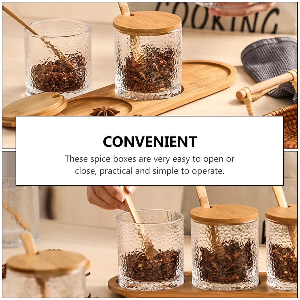 1Set Glass Seasoning Jar Set Bamboo Lid Kitchen Household Spice Box Condiment Storage Container Salt Sugar Bottles