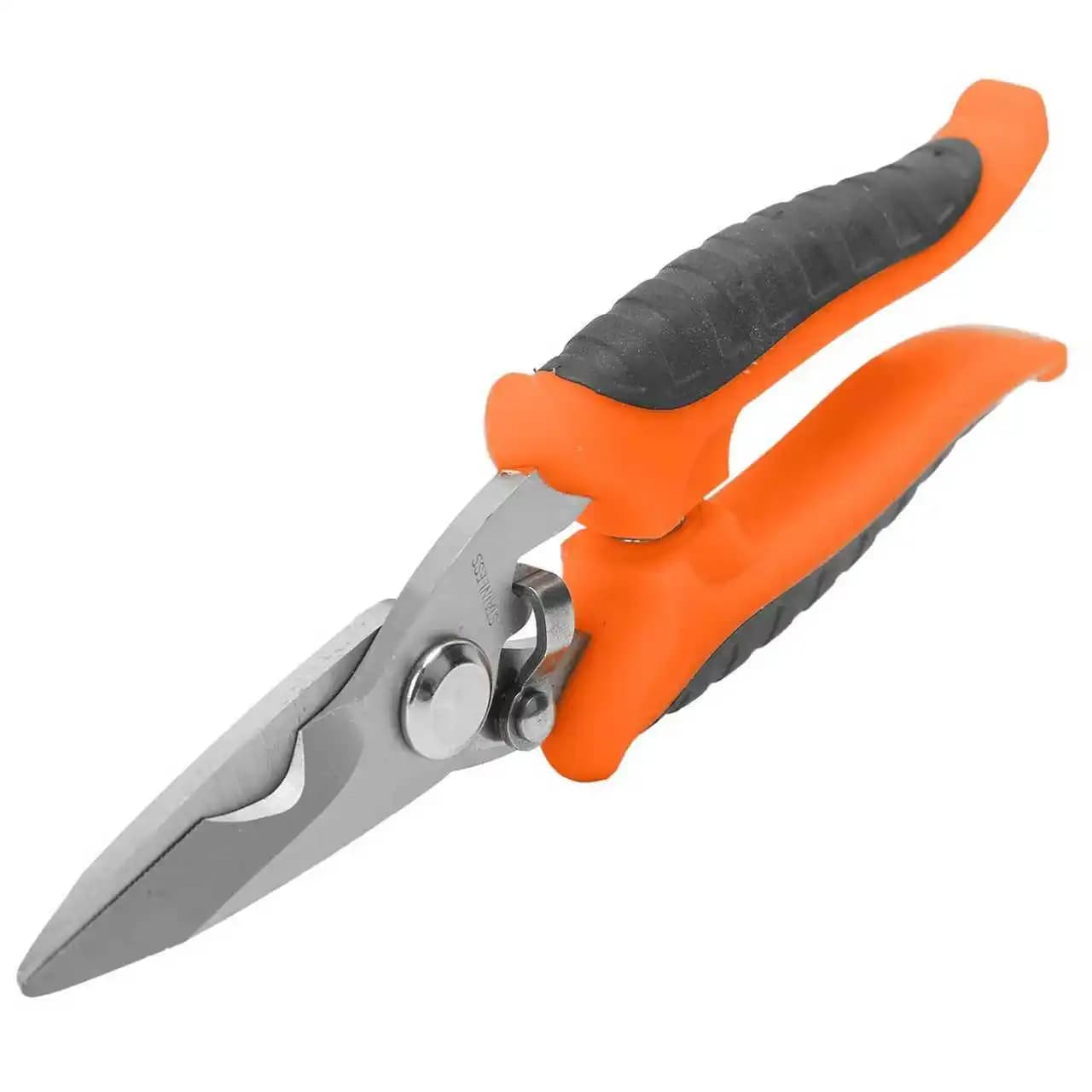 Professional scissors for electricians, 7 inch stainless steel cutters, serrated blade, ergonomic handle
