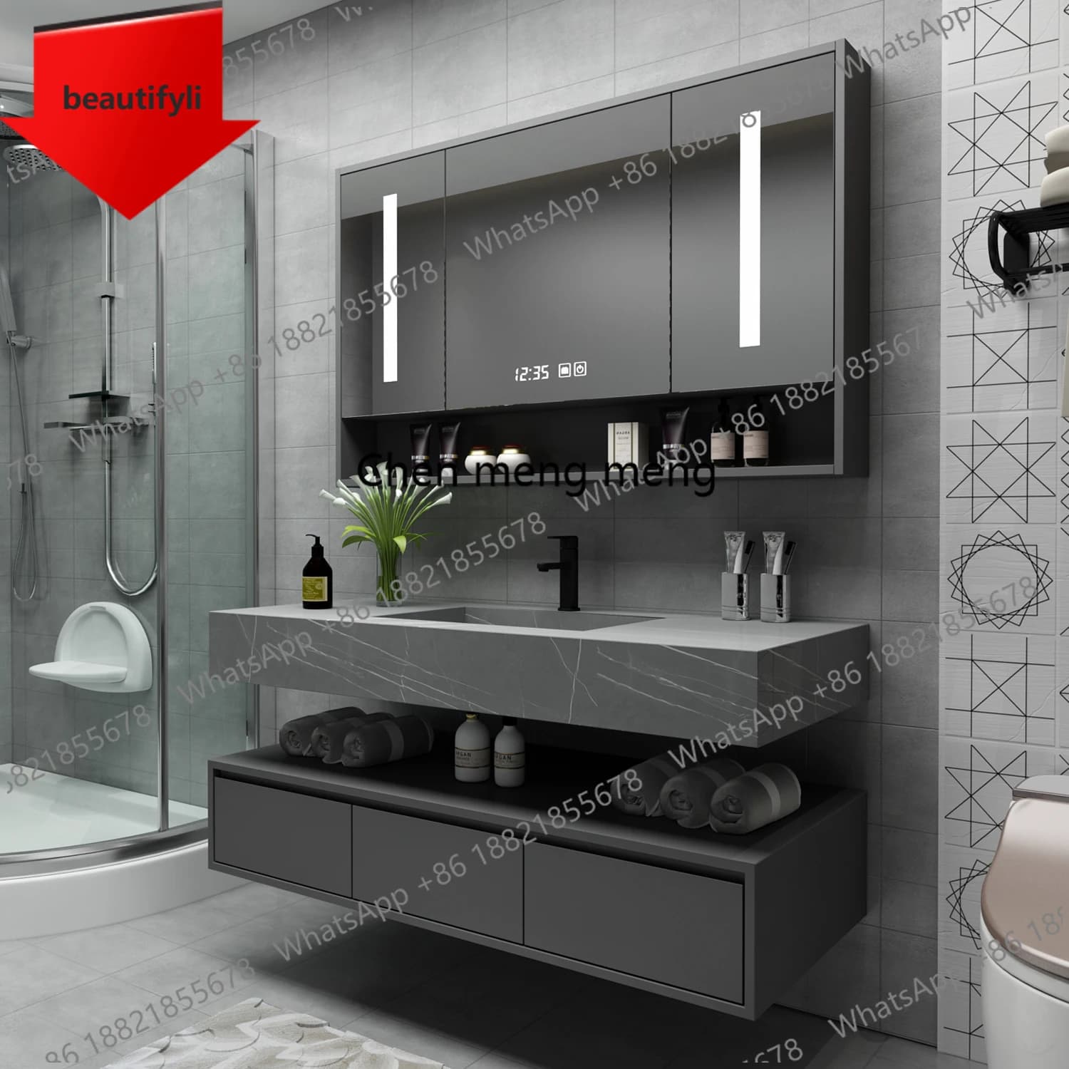 Mobile bagno moderno A50, set di mobili in legno prefabbricato completo con specchio, piccolo, nero, 40-60 pollici, mobile sospeso.