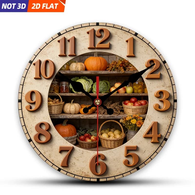 1 orologio da parete con tema frutta e verdura, progettato in stile piatto 2D. Questo Orologio Decorativo Silenzioso H