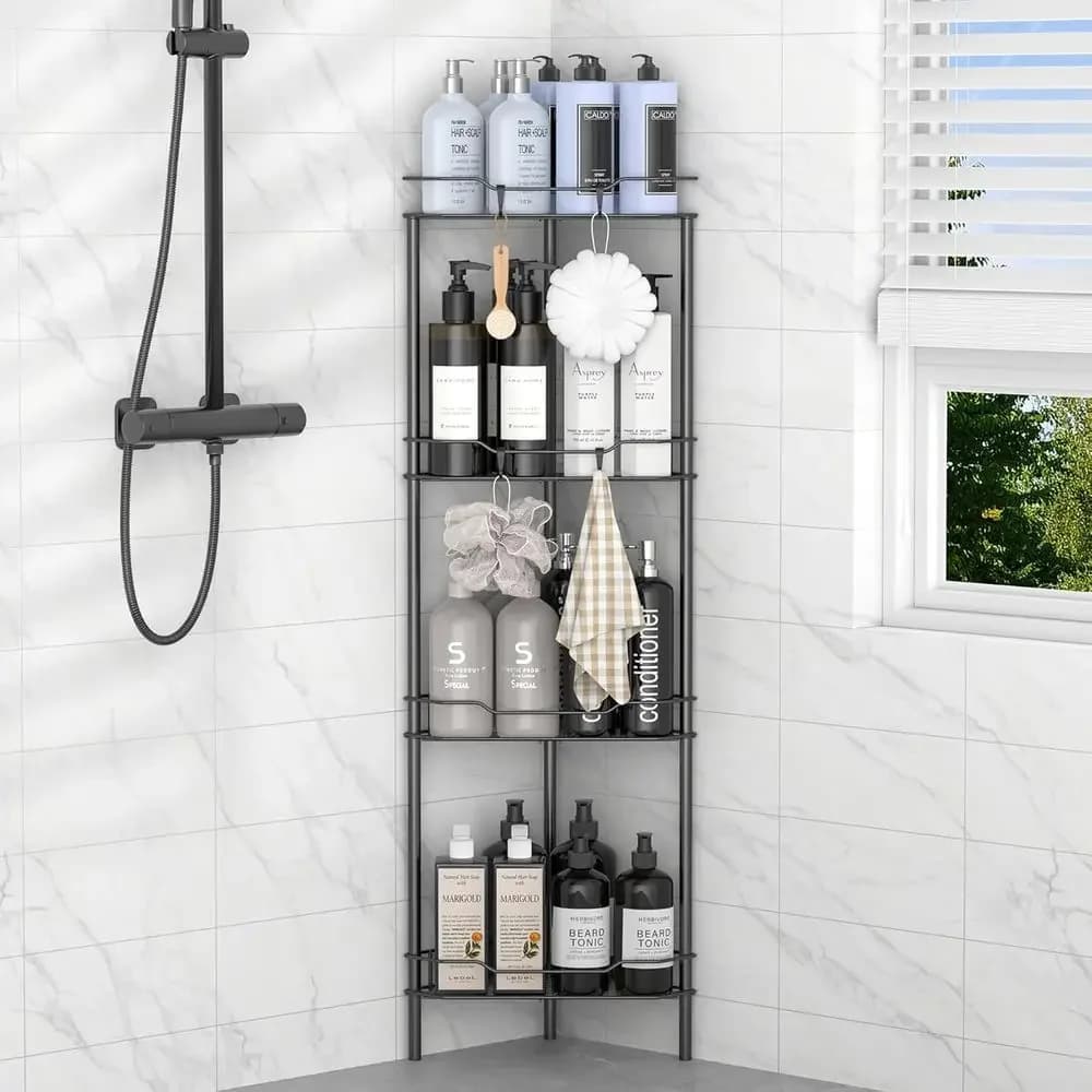 4 Tier Standing Shower Caddy Organizer Shel with Hooks, Bathroom Shelves Stand Rack, Black