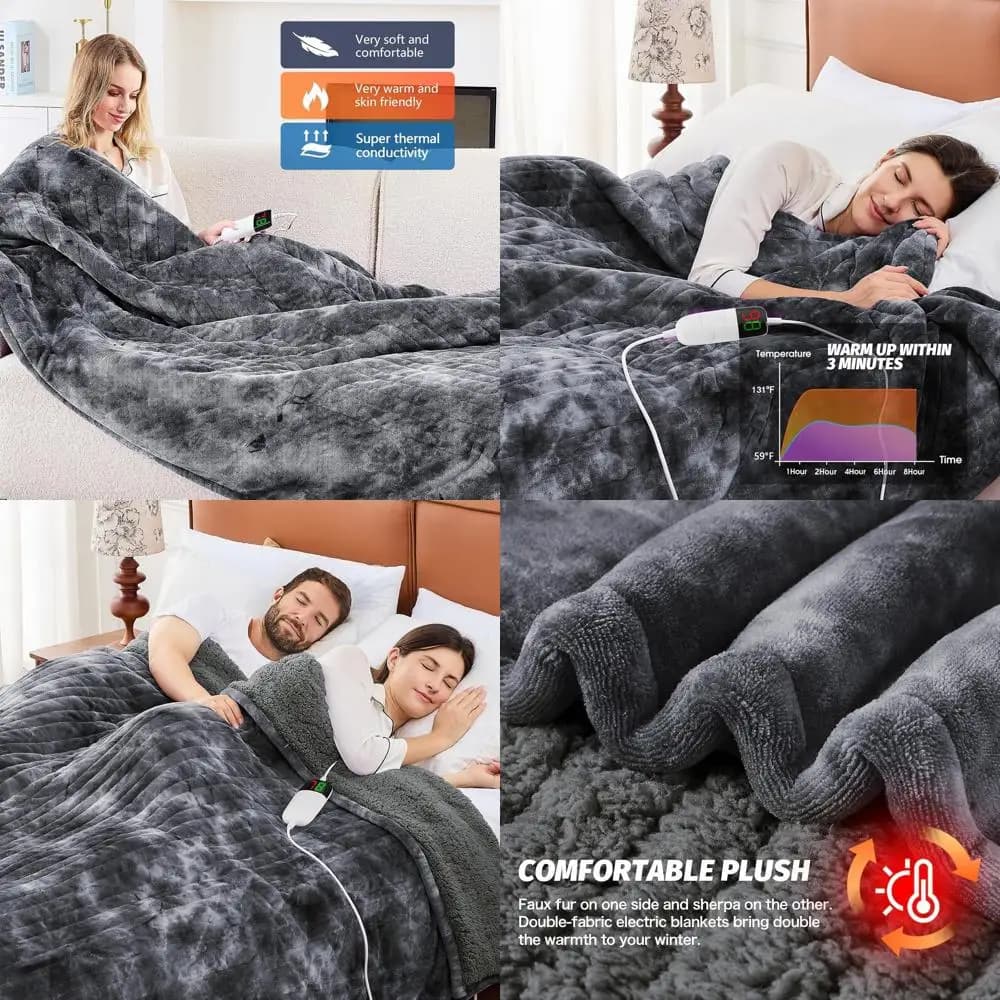 Coperta elettrica in pelliccia sintetica, 5 timer e 10 livelli di calore, grigia 72x84 per divano letto accogliente