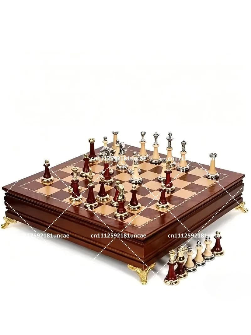 Solid Wood Drawer Chess Set with Metal Inlaid Pieces, Tabletop Decor for Adults