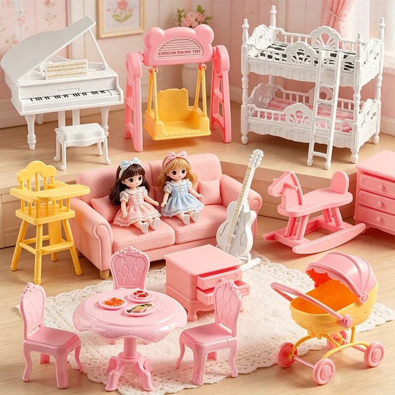 1:12 Dollhouse Miniature Furniture Set Crib Piano Stroller Swing Dining Table Chair Rocking Horse Doll House Pretend Play Toy