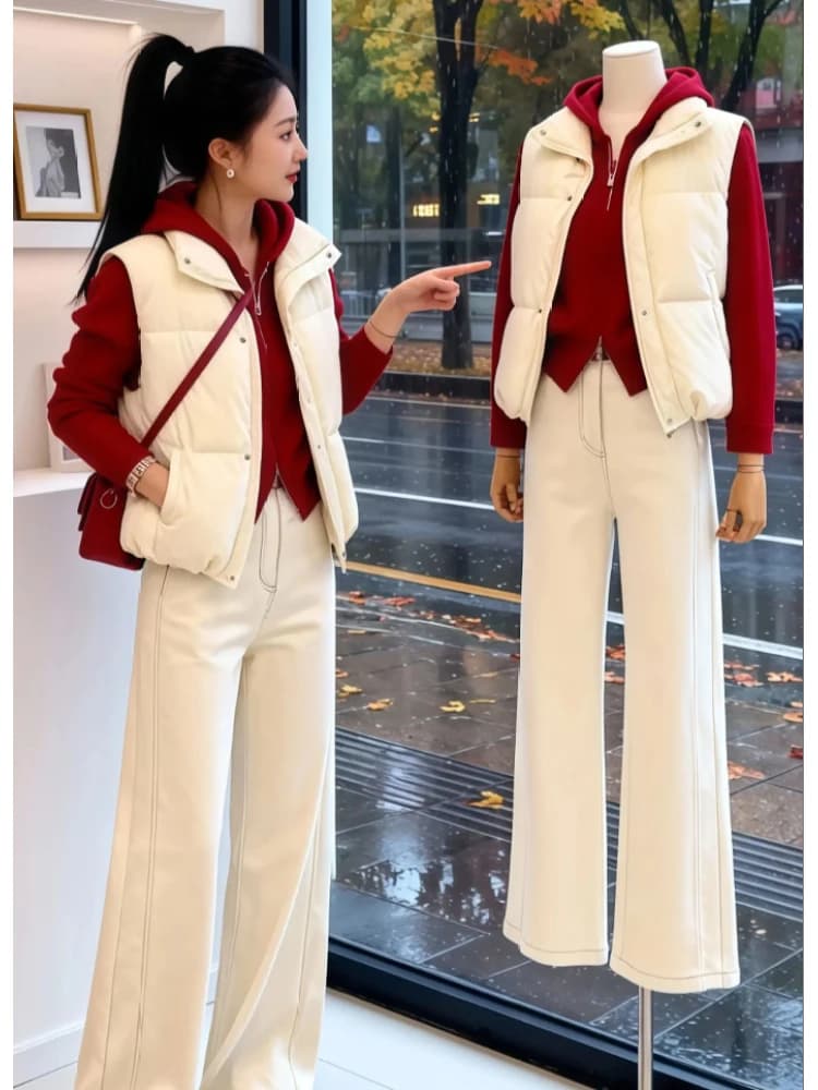 Elegante Completo Invernale da Donna: Gilet Bianco in Cotone e Jeans a Vita Alta, Foderato e Imbottito con Chiusura a Cerniera