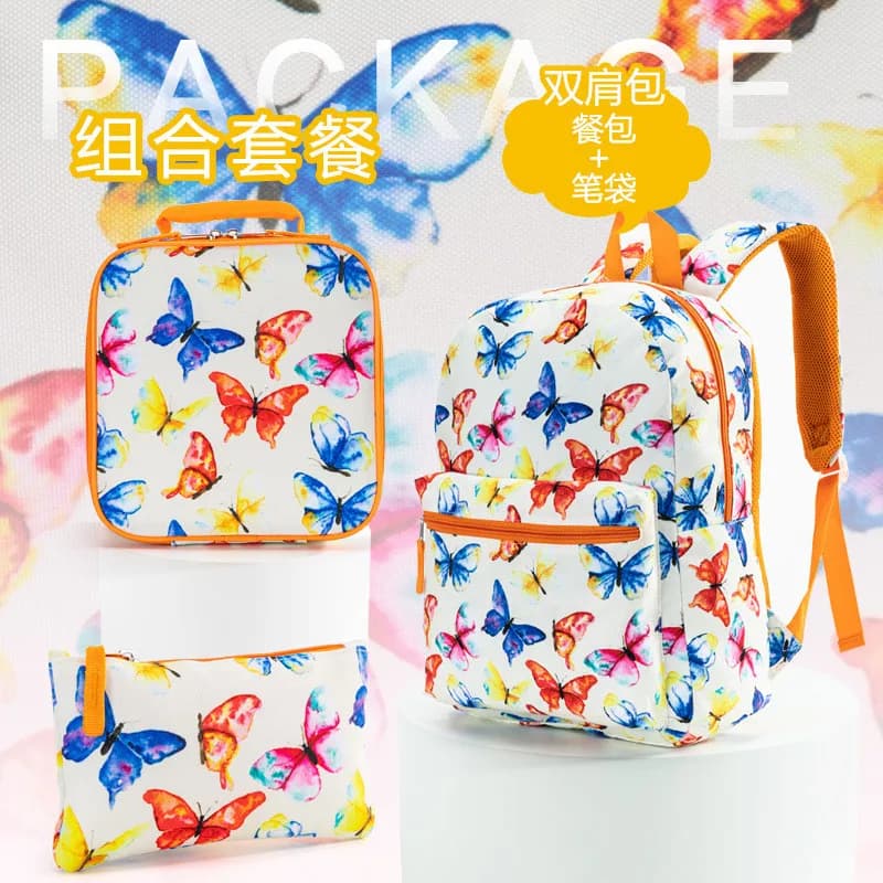 Girls Backpack 3 Piece Set Primary School Student School Bag Insulated Lunch Bag and Pencil Case Butterfly Print