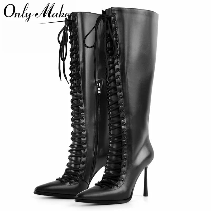 Onlymaker Faux Leather Knee Boots with Laces and Pointe Tip Fashionable Elegant Boots with Side Hinge and Thin Heel