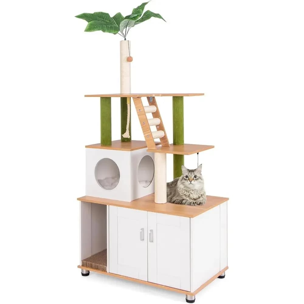 Torre per Gatti Bianca 2-in-1 con Lettiera Integrata, Cuccia, Tiragraffi, Corda, Palline e Tappetino per Gatti da Interno