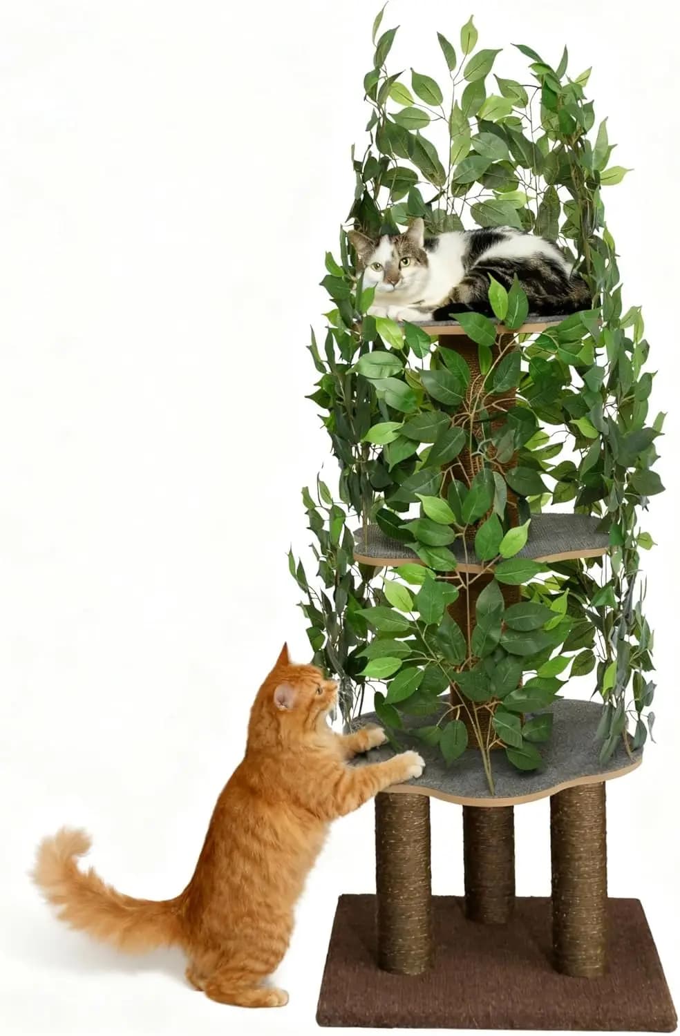 Albero per Gatti Stabile con Foglie - 4 Livelli e 5 Tiragraffi per Arrampicarsi, Nascondersi, Dormire - Facile Montaggio, Design Durevole per Interni