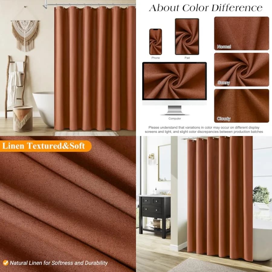 Tenda Doccia, Tenda da Bagno in Tessuto Pesante Testurizzato Stile Rustico/Country con Ganci, 72x7