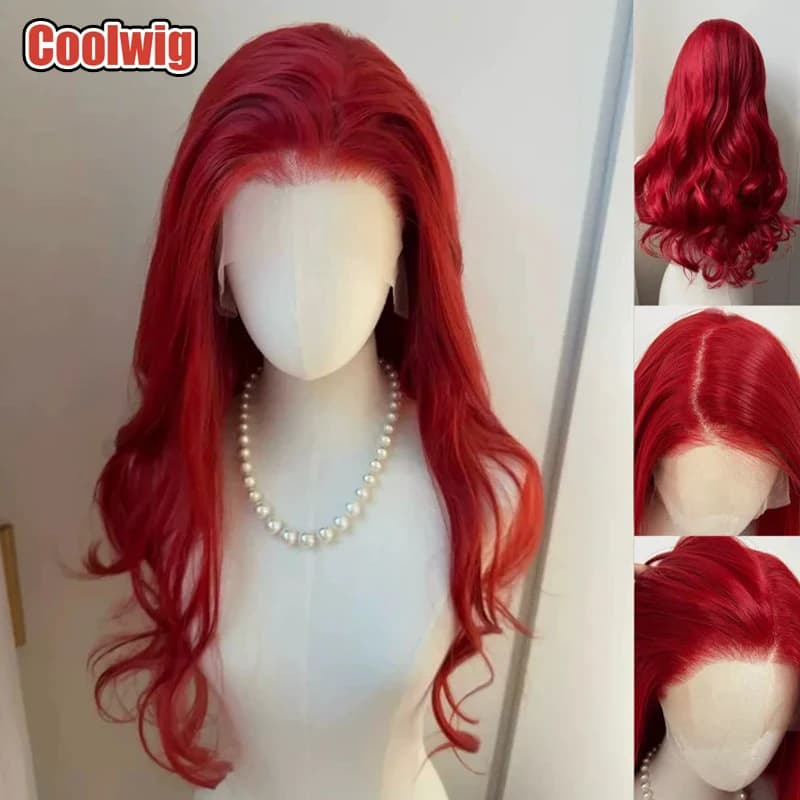 Coolwig Capelli sintetici 13 × 6 Gancio a mano Ondulato 70 cm Lunghi ricci Parrucche di pizzo rosso Gioco di ruolo Parrucche cosplay di moda di Halloween Resistenti al calore
