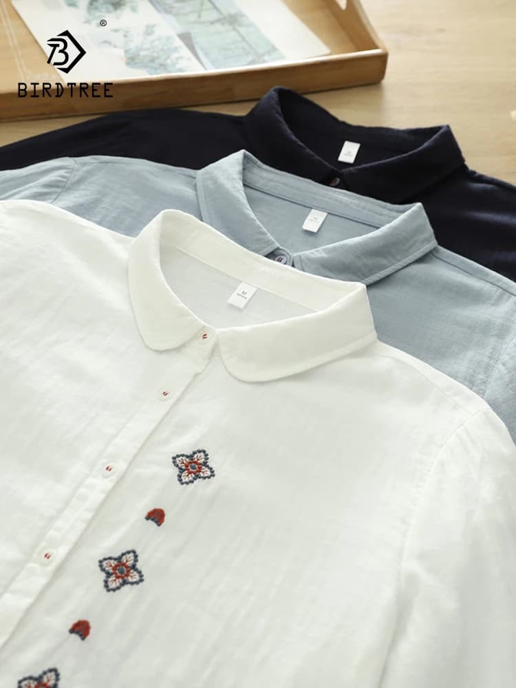 Nuova Camicia Primaverile 2026 da Donna in Cotone a Maniche Lunghe, con Ricamo sul Colletto, Stile Mori Girl Preppy, Blusa Comoda e Ampia T61955CC