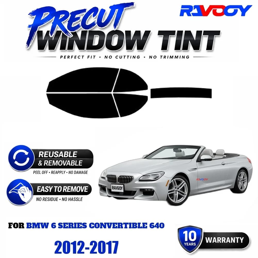 Precut Window Tint, Reusable Removable EPU Film, Custom Fit for Bmw 6 Series Convertible 640 2012-2017, UV Heat Protection