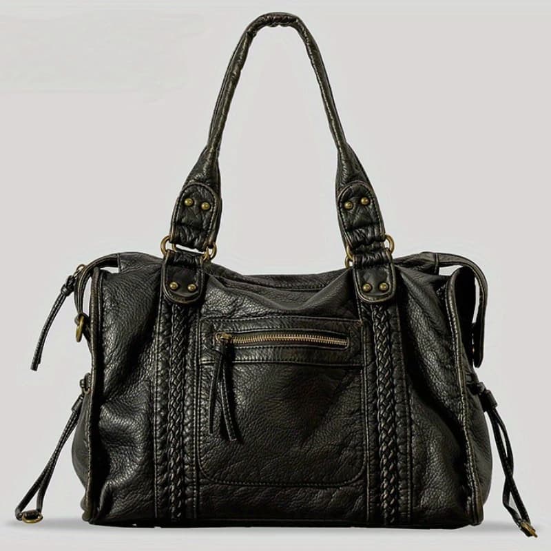 Retro Biker Tote Bag Washed Soft Leather Large Capacity Handbag Braided Strap Rivet Crossbody Shoulder Purse Women Work Daily