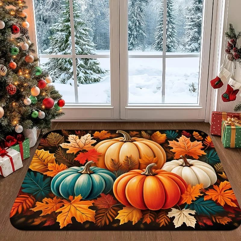 Autumn Harvest Pumpkin Leaf Doormat Vibrant Fall Thanksgiving Rug Machine Washable Polyester Welcome Door Carpet Mat