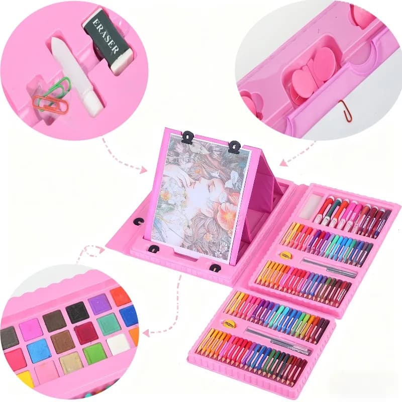 208 Pcs Kids Art Set with Crayons Watercolor Pencils Foldable Easel for Children Drawing Painting Gift