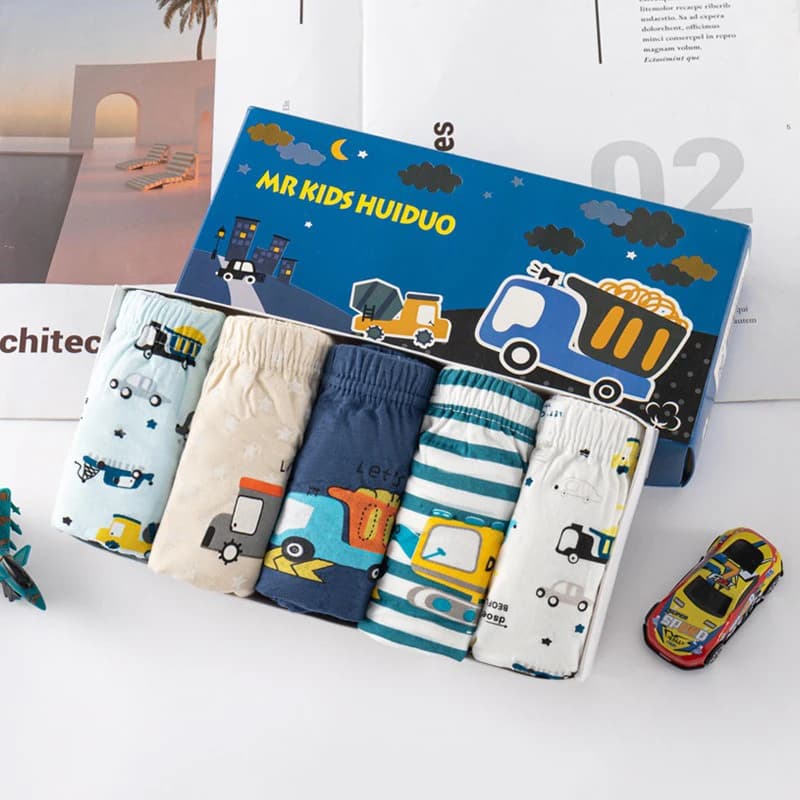 5-Piece Set of Children Cotton Underwear Comfortable Breathable Elastic Daily Boys Briefs Car Pattern Kids Triangle Underwear