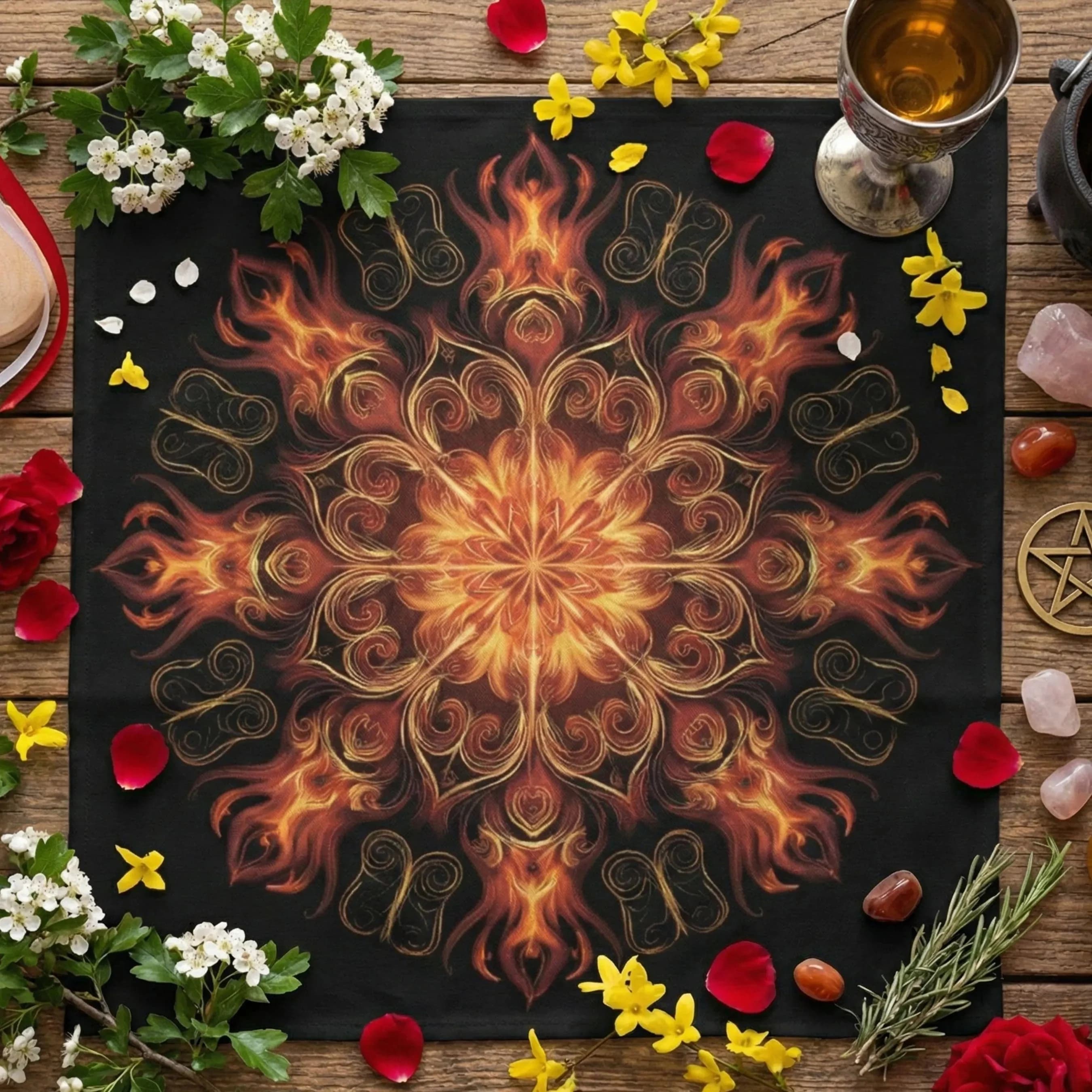 Tovaglia Mandala Fiamma Oscura VIKAMA, Telo per Altare da Strega, Elementi di Fuoco, Tovaglia per Cerimonie di Divinazione Tarocca, Tovaglia per Carte dei Tarocchi