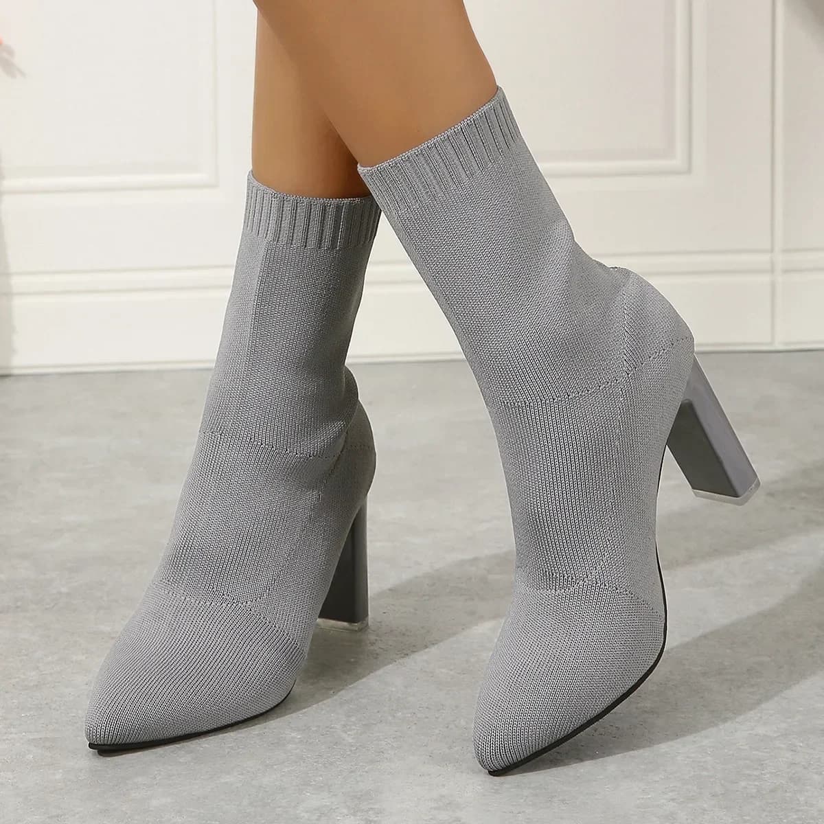 Stivaletti con tacco moda donna Autunno a punta tinta unita elasticizzati calzini lavorati a maglia stivali da donna robusti slip on scarpe taglie forti 43