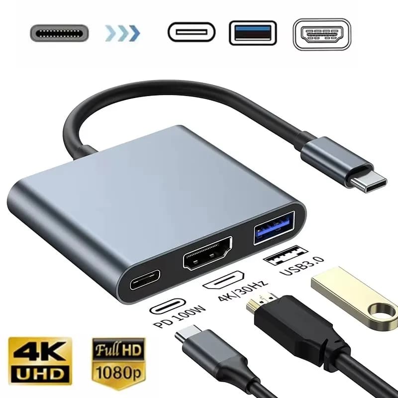 Adattatore USB C per docking station hub di tipo C 3 in 1 con uscita HDTV USB 3.0 Porta HDMI Alimentazione da 100 W per MacBook e altro