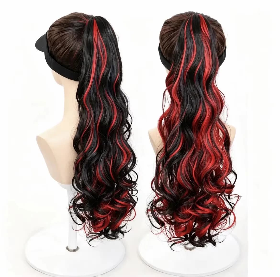 Highlight Long Curly Synthetic Ponytail Hair Extension With Claw Clip Mixed Blue Red Ponytail Hairpiece For Halloween Cospaly