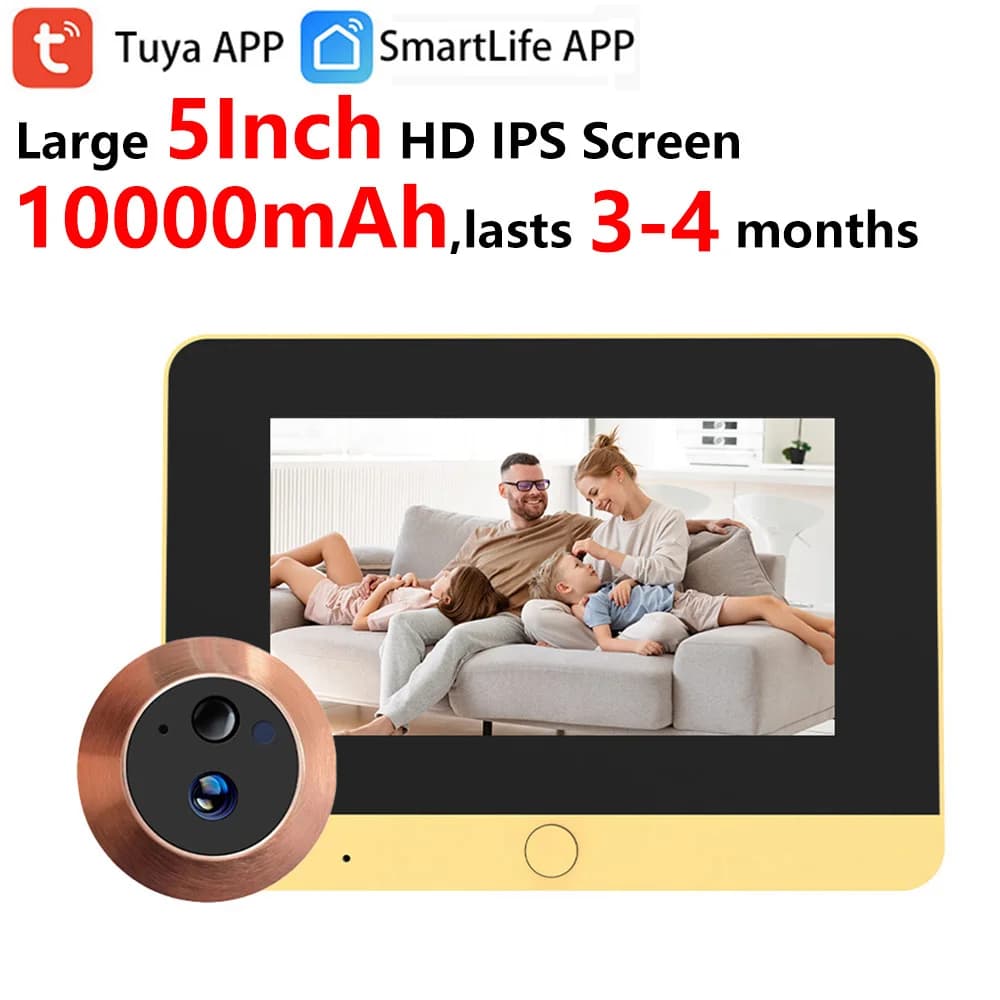 5Inch Screen 10000mAh Battery Tuya Smart 2MP 140° View Angle Mini Peephole Eye Viewer WiFi 940NM IR PIR Detection Door Camera