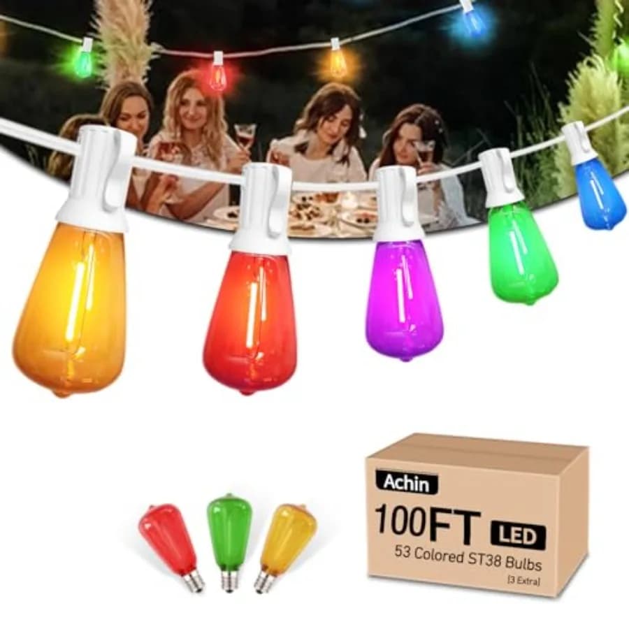 Luci a Corda Colorate da Esterno con Cavo Bianco - 30 Metri di Luci Multicolore per Patio con 50+3 Lampadine LED ST38 Infrangibili