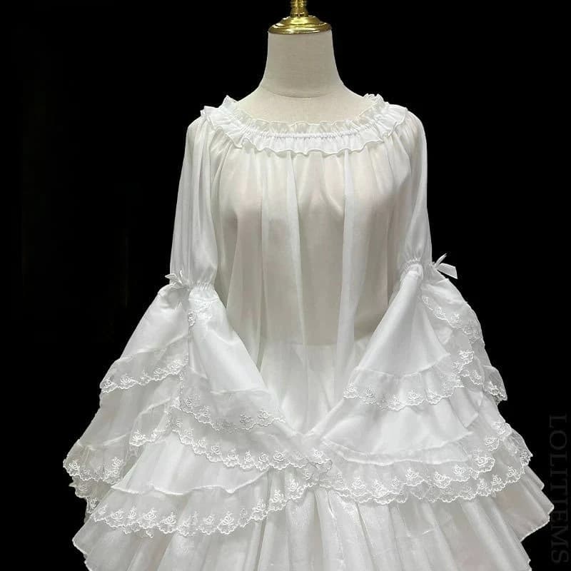 Camicette stile Lolita giapponese Kawaii Donna Vintage Dolce volant O Collo Manica svasata All'interno Top Estate Carino Vedi attraverso le navi