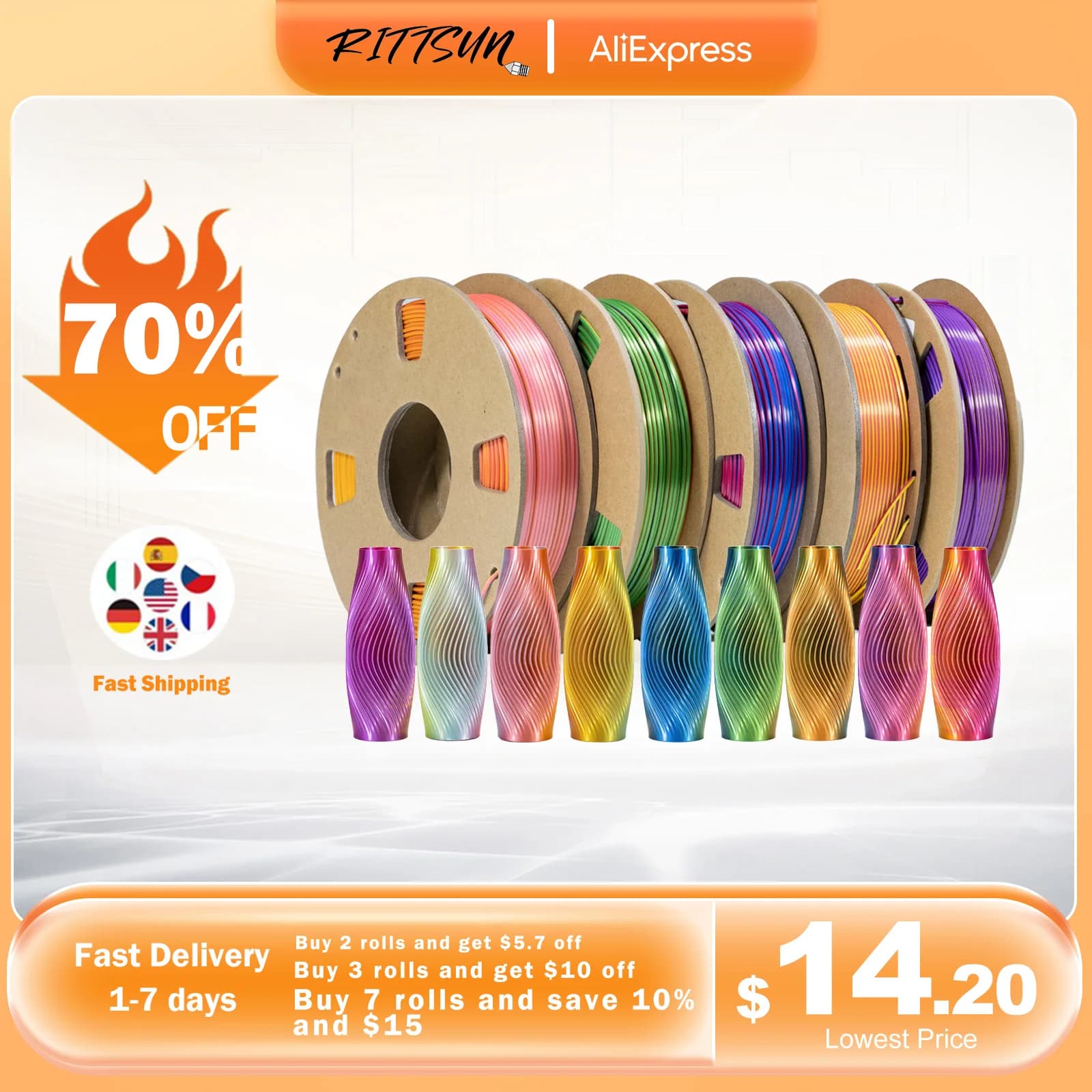 RITTSUN Seta PLA Filamento Tricolore 1.75MM 1KG Bobina di Seta Magica PLA Nuovo Arrivo 3D di Plastica Per Stampa Ad Alta Velocità Spedizione Veloce
