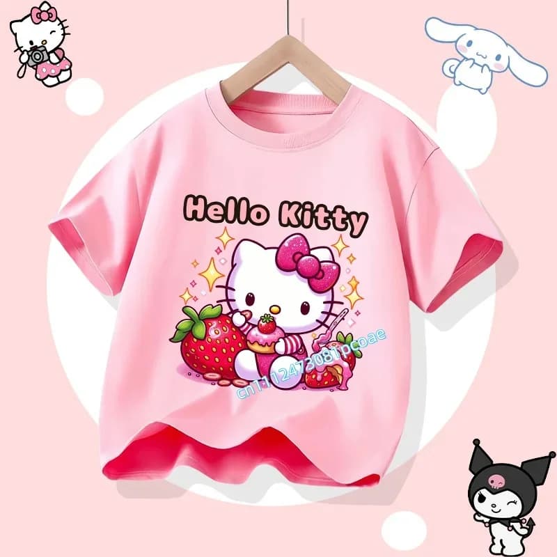 T-shirt estiva Hello Kitty 2026 - Abbigliamento sportivo per bambine con stampa cartoon - Maglietta casual per bambini - 100% cotone a maniche corte