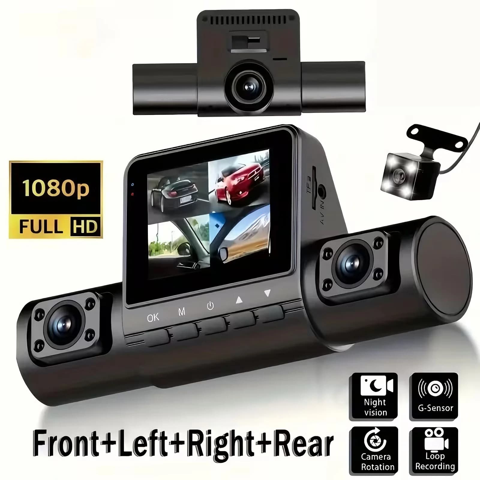 Dash Cam 4 Canali per Auto, DVR Black Box 1080P con Lente Grandangolare, Registrazione Anteriore, Posteriore, Interna, Sinistra, Destra, Modalità Parcheggio, Registrazione in Loop 360° ° Telecamera per Auto
