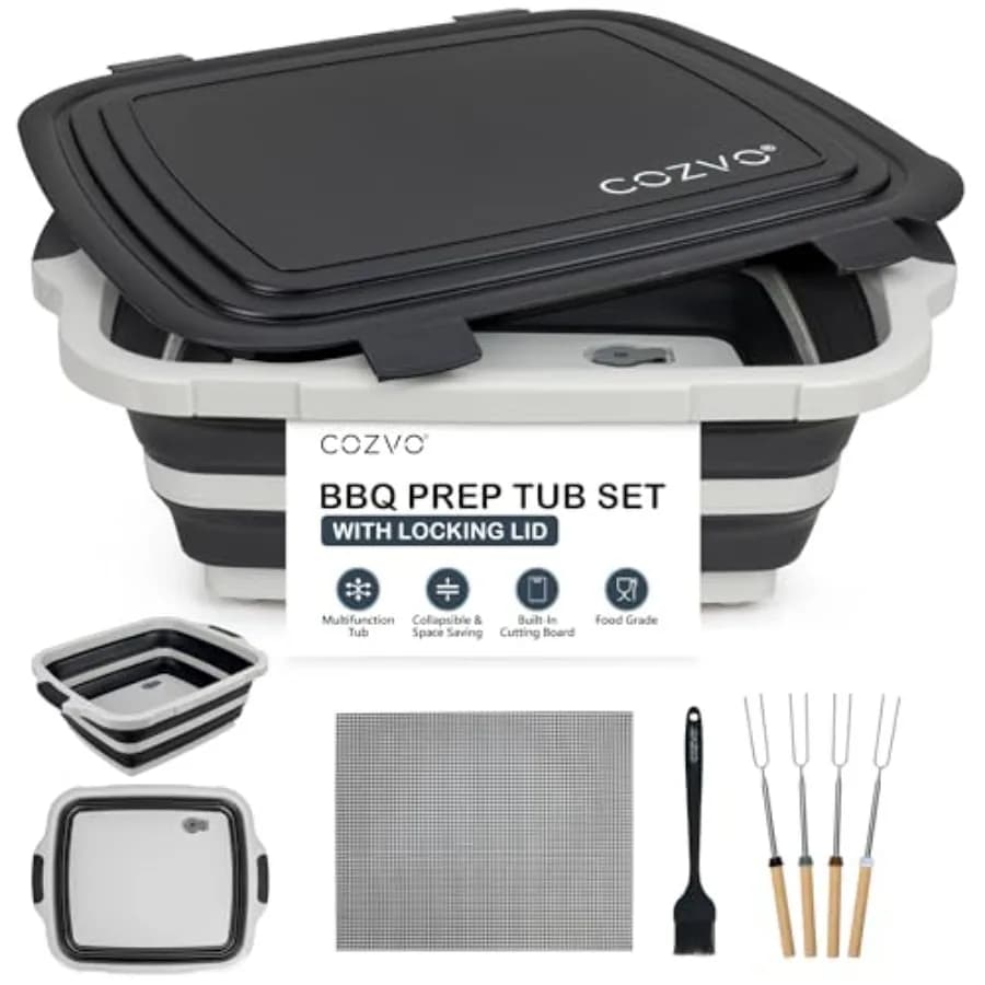 Contenitore 6-in-1 Pieghevole per Preparazione BBQ e Marinatura con Coperchio Bloccabile, Lavello Multifunzione da 20 Pollici per Campeggio, Tagliere Portatile