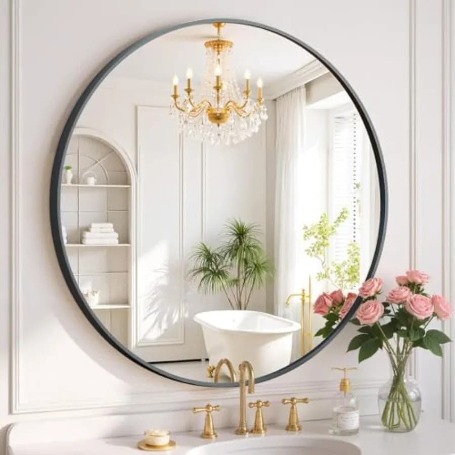 Specchio da Bagno Rotondo da 28 Pollici, Specchio da Toeletta Nero con Cornice in Metallo, Moderno Specchio Circolare per Bagno, Ingresso, Camera da Letto, Soggiorno