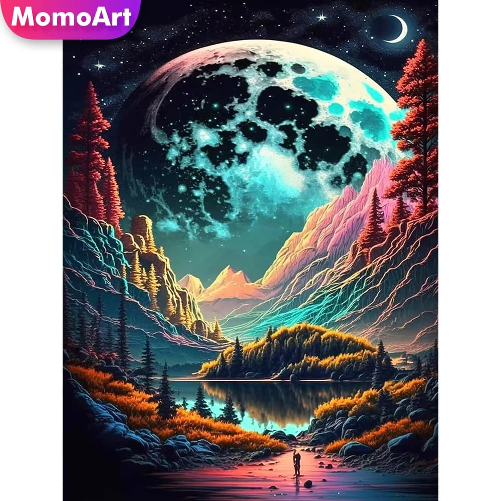 Momoart DIY Diamond Painting Mountain Landscape New Arrival Diamond Mosaic River Cross Stitch Moon Embroidery Wall Decoration