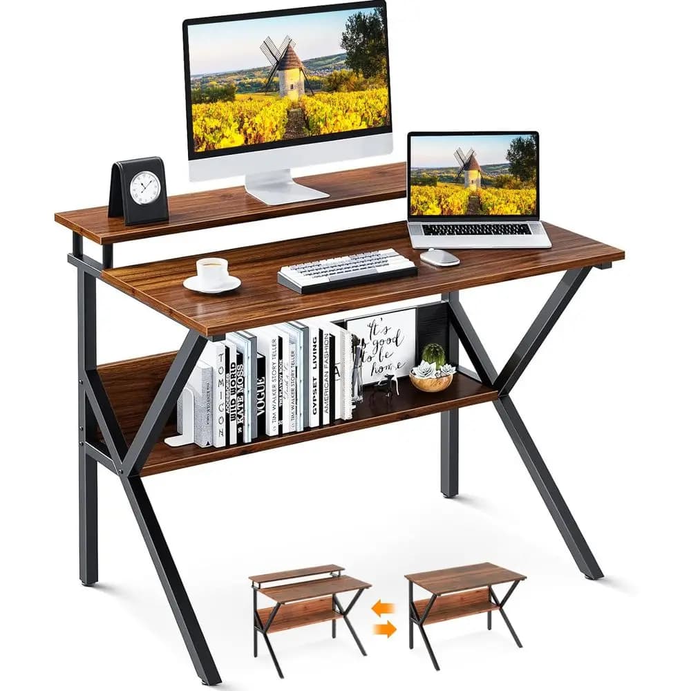Piccola scrivania, scrivania per computer da 27,5 pollici per piccoli spazi, scrivania da studio con supporto per monitor e contenitore, marrone scuro