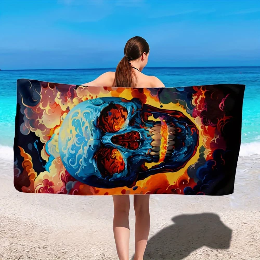 1PC Hellfire Skull Asciugamano da spiaggia anti-sabbia, asciugamano assorbente portatile per campeggio, viaggi, nuoto, palestra, yoga, uso quotidiano all'aperto
