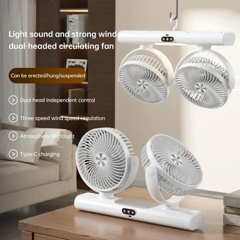 Rechargeable 3 Speed Desk Fan with Light, Dual Head Air Circulation Fan, Type-C Charging, Multi-Mount Portable Air Circulator