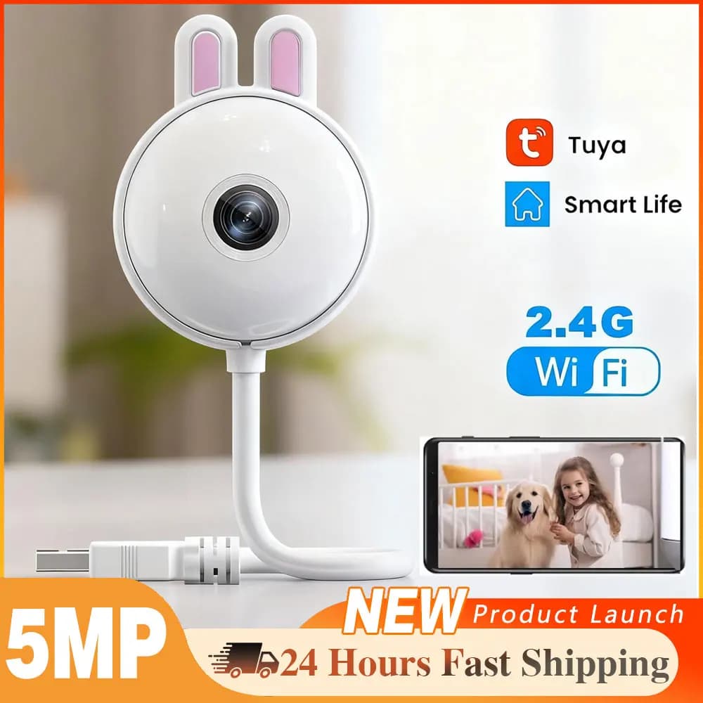 Telecamera WiFi Tuya 2K per Interni con Lampadina USB, Videocamera IP di Sicurezza Mini 5MP, Visione Notturna a Colori IR, Monitor per Bambini Smart Life
