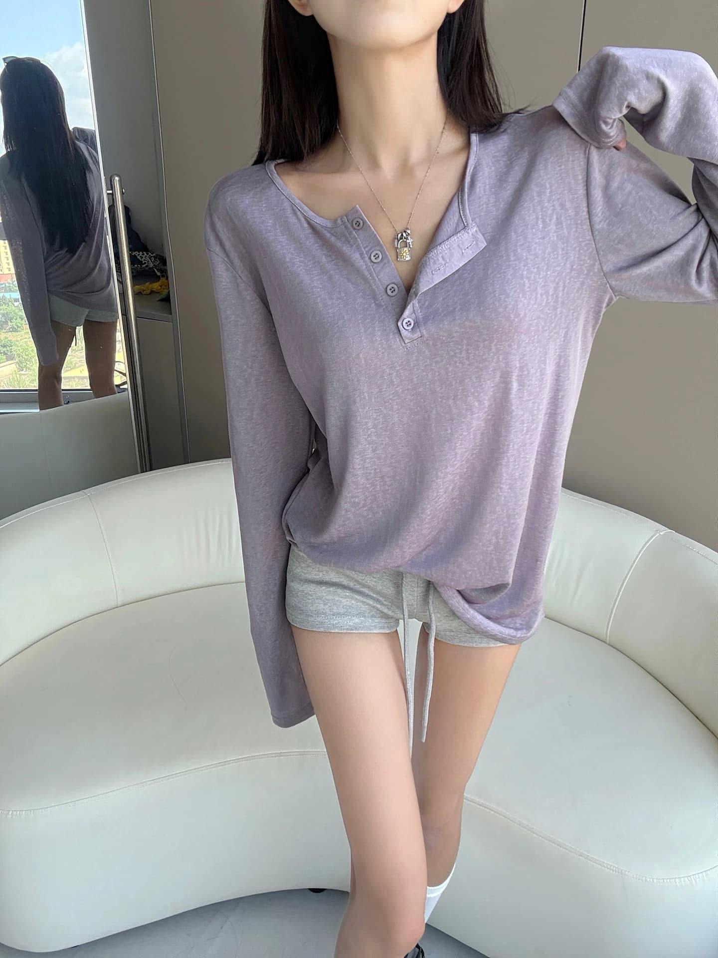 MianCun Cool Feeling Air Conditioner Shirt Sun Protection Loose Thin Long Sleeve Henry Collar T-Shirt Summer Casual Women's Top