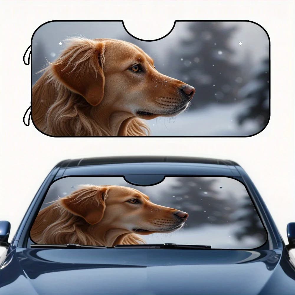 1 parasole per auto con fiocco di neve invernale Golden Retriever - Design digitale con ritratto di cane, copertura per parabrezza in poliestere per pendolarismo e famiglia
