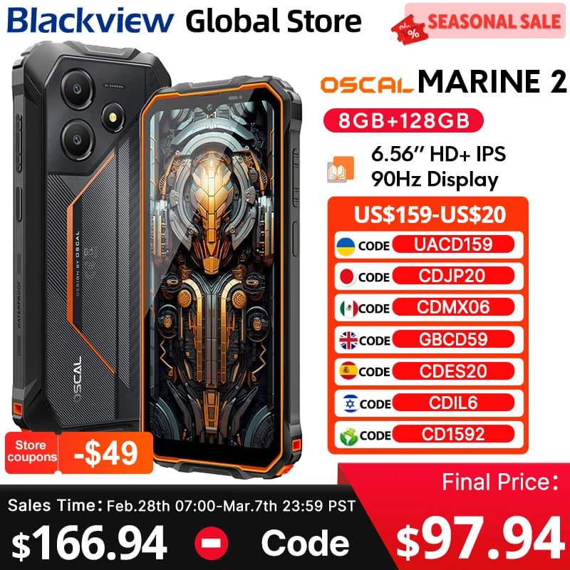 Blackview MARINE 2 Smartphone robusto Display HD + IPS 90Hz da 6,56 pollici 11000mAh 8GB 128GB Android 15 NFC 16MP Fotocamera Cellulare