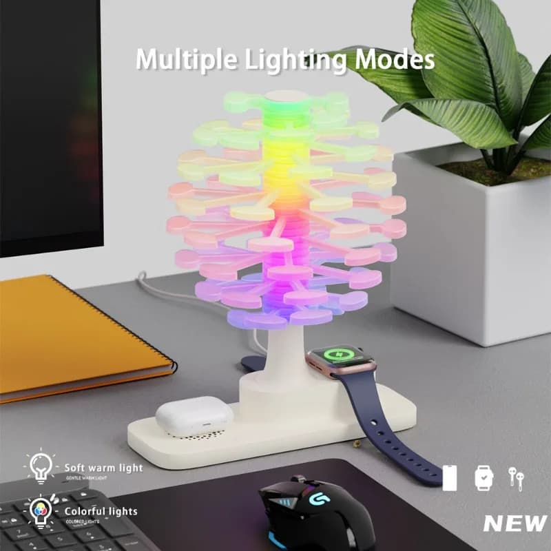 Caricatore wireless per luce notturna a LED con albero a spirale flessibile creativo per lampada decorativa da tavolo per orologio da smartphone