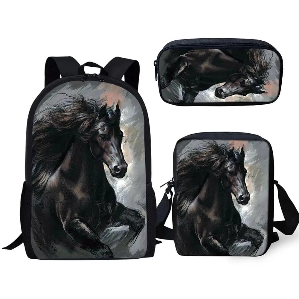 Harajuku Youthful Peculiar Friesian Horse Stampa 3D 3 pezzi/set Borse da viaggio per studenti Zaino per laptop Borsa a tracolla Astuccio per matite