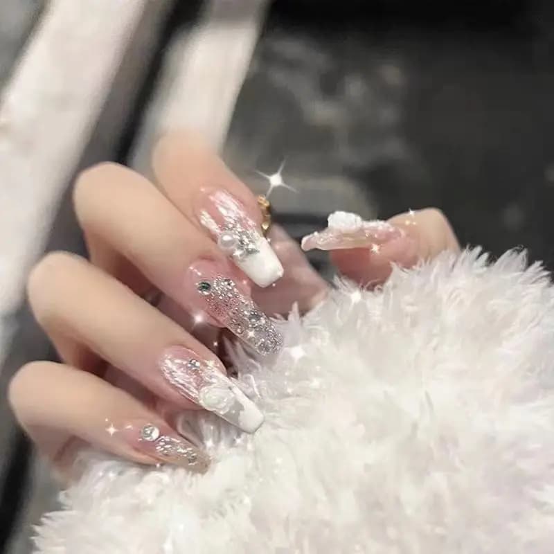 Spring ice translucent nude powder camellia wearable nail art stickers long elegant gentle fake nails phototherapy nail stickers show white
