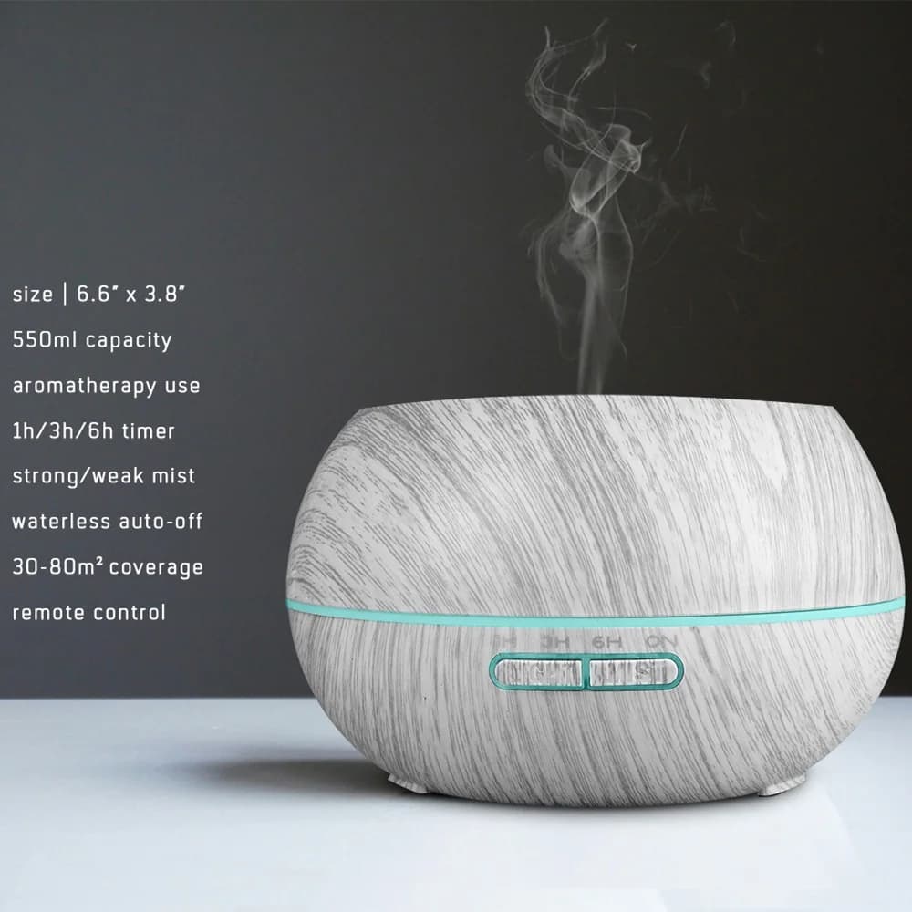 550ml Upgraded Essential Oil Diffuser Set Wood Grain Remote Control Humidifier, 7-Color LED & 6 Therapeutic-Grade Oils Inc